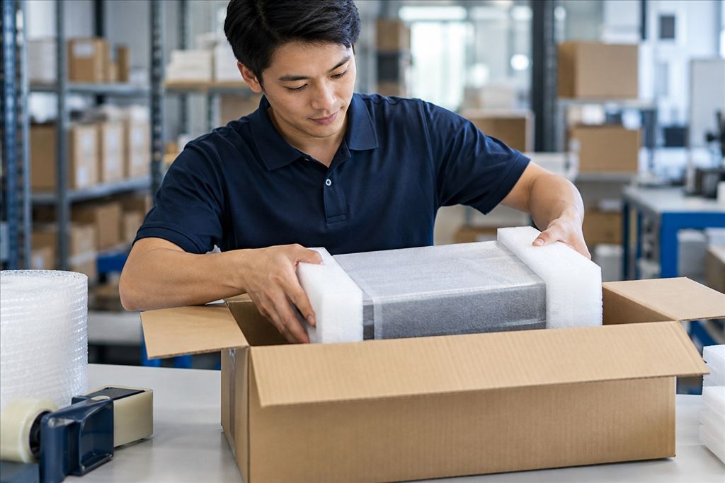 Worker protecting an electronic device with foam packaging.