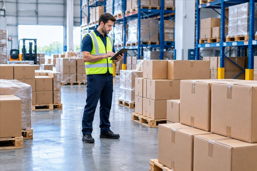 Cartons grouped for shipment consolidation inside a warehouse.
