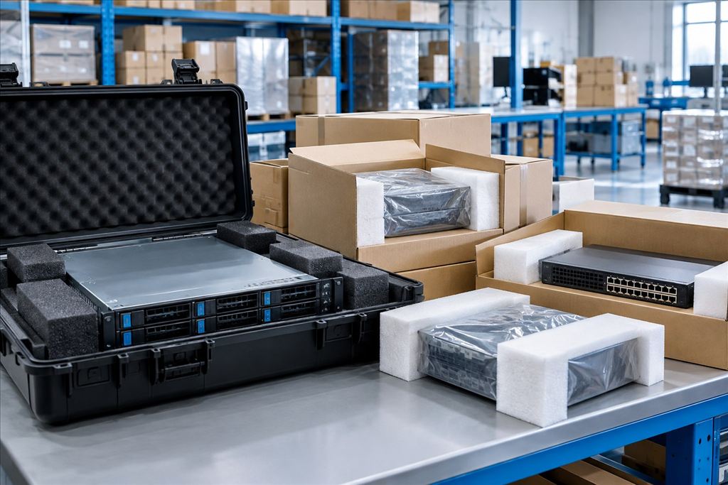 Electronic equipment protected with foam inside shipping cases and cartons.
