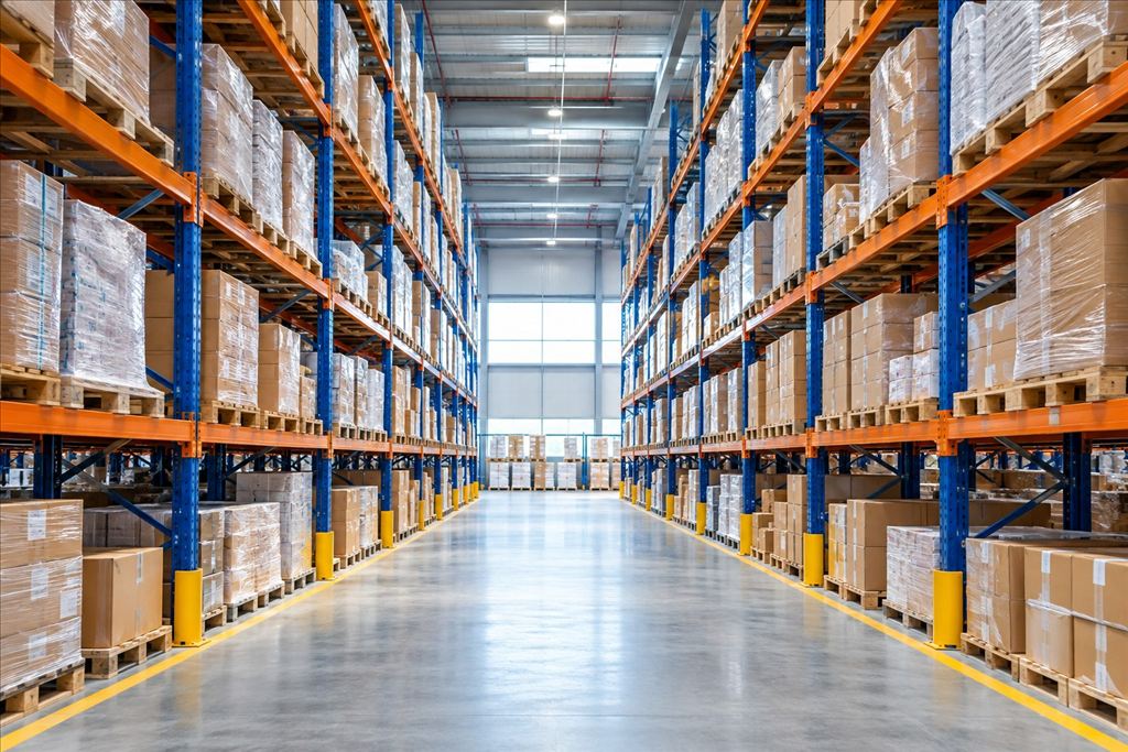 Organized pallet racking and storage inside a warehouse.